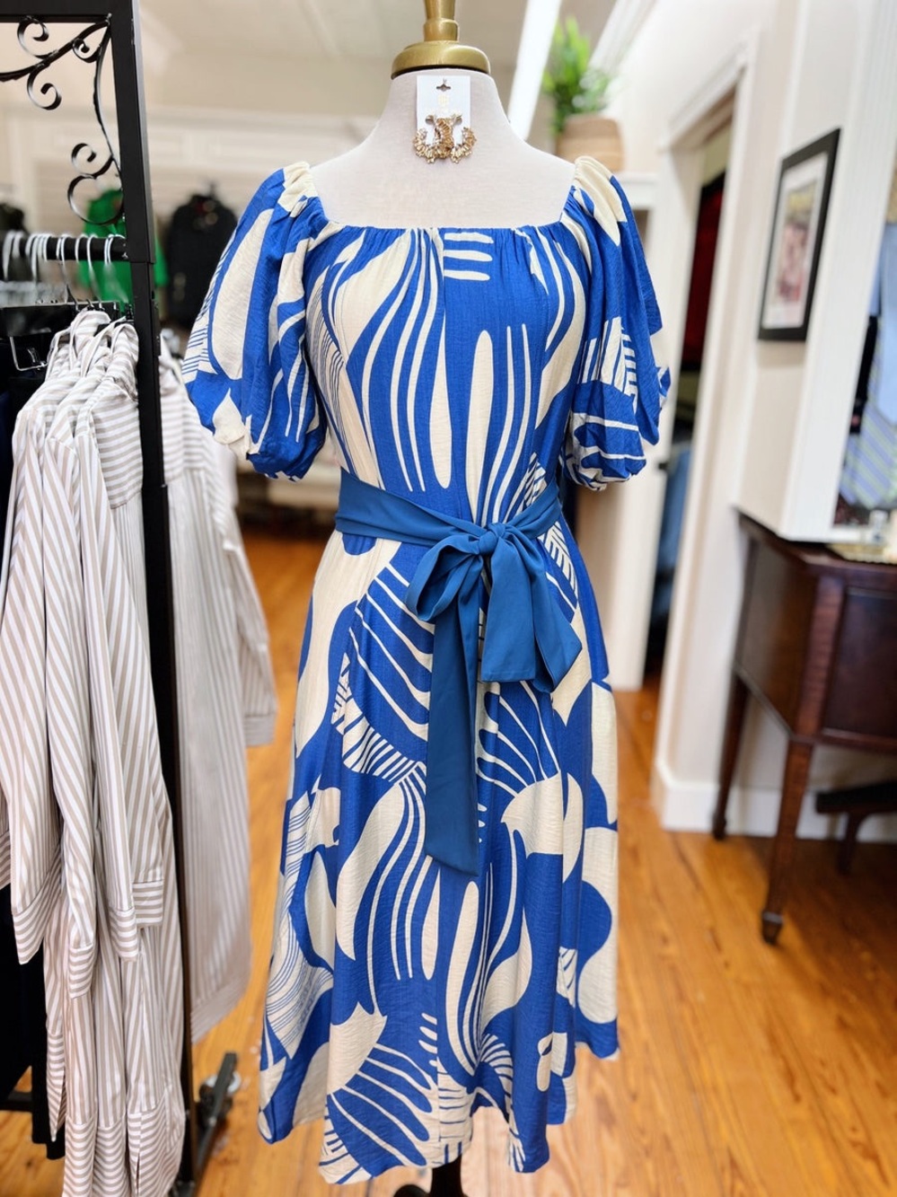 Jade Designer Blue and Cream Floral-Print Puff Sleeve Midi Dress with Waist Tie